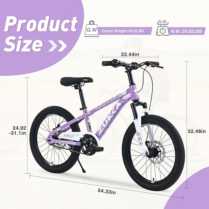 ZUKKA Kids Bike 20/24 Inch Mountain Bike Dual Disc Brake Suspension Fork Single Speed for Ages 7-12 Boys and Girls Youth Bicycle, Multiple Colors