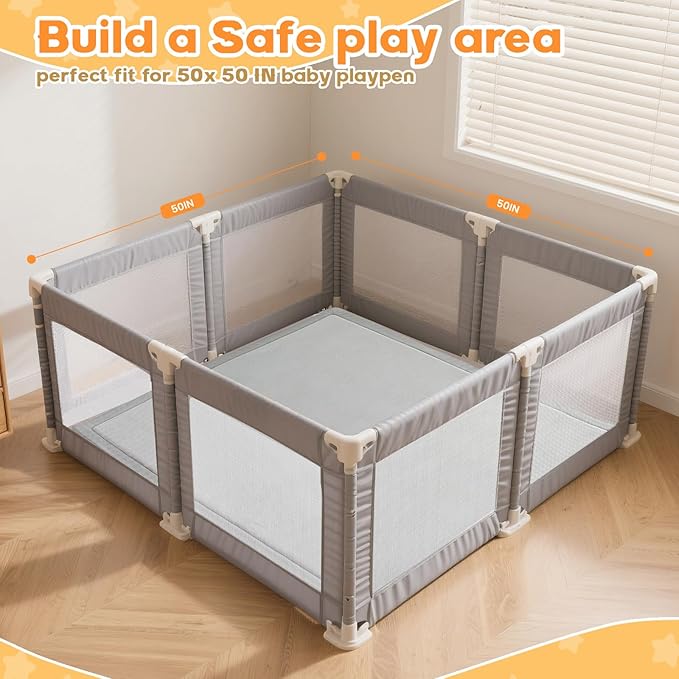 Baby Play Mat for Floor, 50'' x 50'' Thicken Foam Soft Padded Playmat for Tummy Time, Playpen Mat for Toddlers, Water-Repellent Coral Velvet, Non-slip Bottom Safe for Crawling (Light Grey)