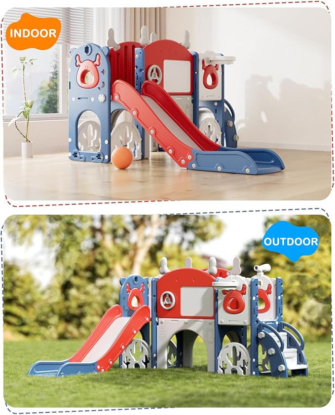 YUFU 13 in 1 Kids Slide for Toddlers, Toddler Slide Playset with Golf, Drawing Board, Climber, Basketball Hoop, Storage Space, Indoor Outdoor Toddler Playground for Kids Age 1-3 (Blue Red)