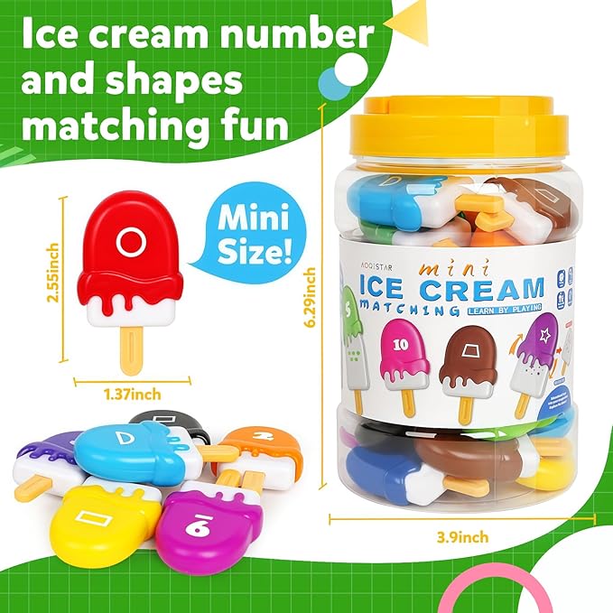 TSYAN Ice Cream Toy Set - Number & Shape Sorting Stacking Bucket for Toddlers - Educational Counting Color Recognition - Fine Motor Toys Math Learning Toys for Kids Ages 3+Year Old