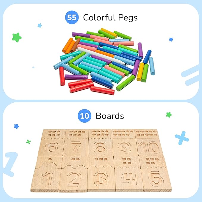 Bimi Boo Counting Peg Boards and Number Tracing for Kids - Wooden Montessori Arithmetic Math Toy Set for Toddlers and Preschoolers - Math Manipulatives for Kindergarten (55 Pegs, 10 Boards, 1 Pencil)
