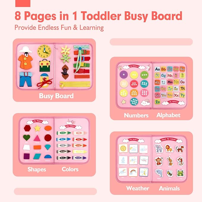 hahaland Toddler Busy Board Montessori Toys, 3 Year Old Girl Gifts Preschool Educational Learning Toys with Life Skills, Alphabet, Number, Shape, Color, Toddler Girl Stocking Stuffers Travel Busy Book