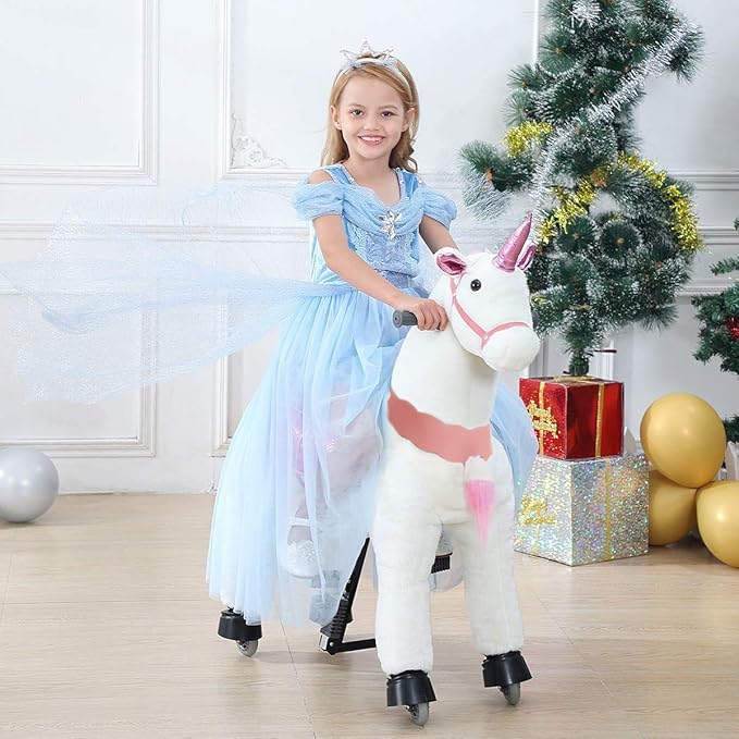 JoJoPooNy Ride on Unicorn Toys for Girls, Ride on Horse Riding Pony for Children 6-14 Years Old, Rideable Plush Walking Horse Animal with Wheels