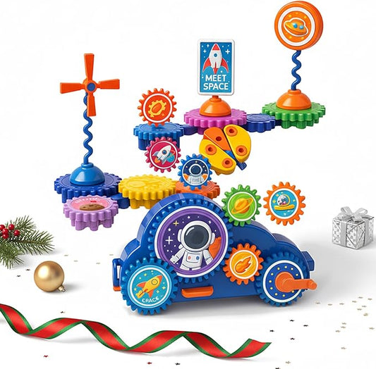 Motorized Spinning Gear Building Toys for Kids, Space Rocket STEM Construction Set, Educational Interlocking Building Blocks Puzzle | Gear Toys for Toddlers Ages 3-8