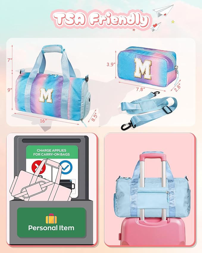 Dance Bag for Girls- Gym Bag with Shoe Compartment, Kid Personalized Weekender Overnight Bags, Initial Travel Tote with Makeup Pouch, Trendy Gift for Girls (Letter R)