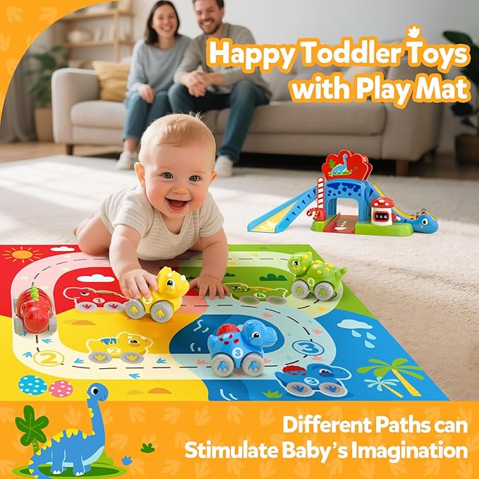 Toddler Toys for 1 2 Year Old Boy Gifts - Educational Dinosaur Slide Set with 4 Color/Number Push Cars and Playmat, Montessori Learning Toy for Baby 12-18 Months, 1st Birthday Present Ages 1-2, Red