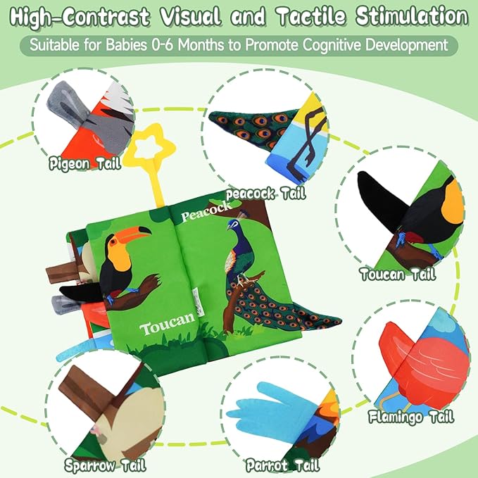 Baby Books Toys 0-12 Months with Teether,Tummy Time Crinkle Sensory Toys,High Contrast Touch & Feel Soft Book, Early Learning Infant Toys,Shower Gift for Boys Girls (Flying Animals)