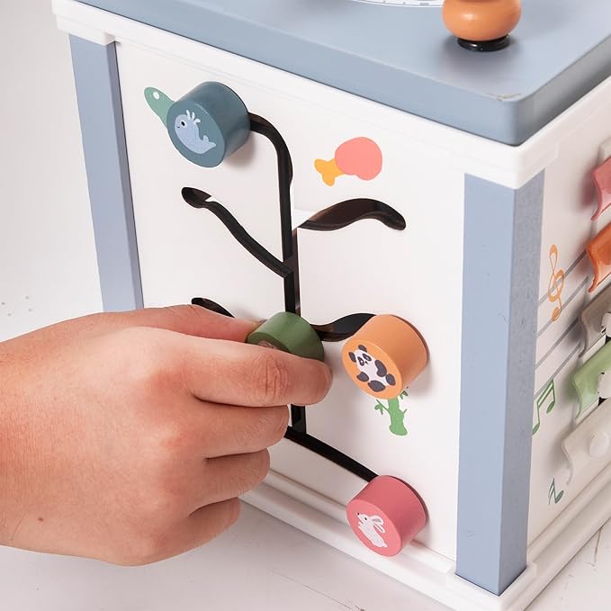 Donmills Wooden Activity Cube Toddler Montessori Toys, Baby Activity Cube with Bead Maze, Shape Sorter Toy, Bonus Sorting & Stacking Board, Learning & Education Toys Birthday Gift for Boys and Girls