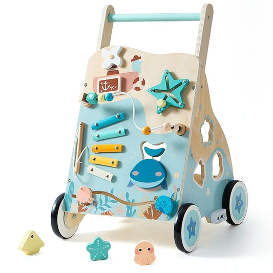 ROBOTIME Wooden Baby Push Walker, Ocean-Themed Wooden Baby Walker with Wheels, Sit-to-Stand Activity Center, Push Toy for Toddlers, for Boys and Girls