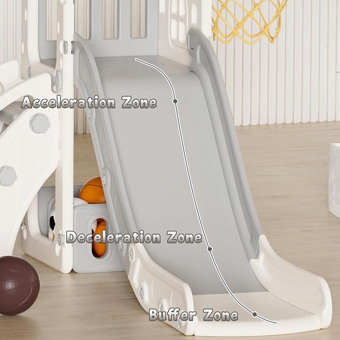 XJD 5 in 1 Toddler Slide, Kids Slide for Toddlers Age 1-3, Outdoor Indoor Playset for Toddlers with Basketball Hoop and Ball, Storage Space Christmas Birthday Gifts for Toddler (Gley)