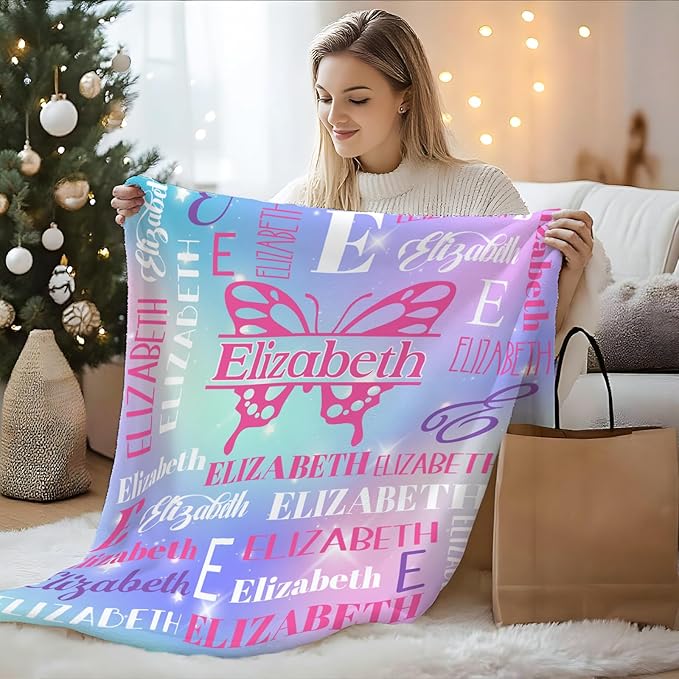 Girls Blankets, Custom with Name Butterfly Throws Gifts for Kids Teens Women, Personalized Soft Comfy Monogram Flannel Fleece Blanket for Bed Couch Sofa Home Decor, Butterfly Stuff Themed Gifts