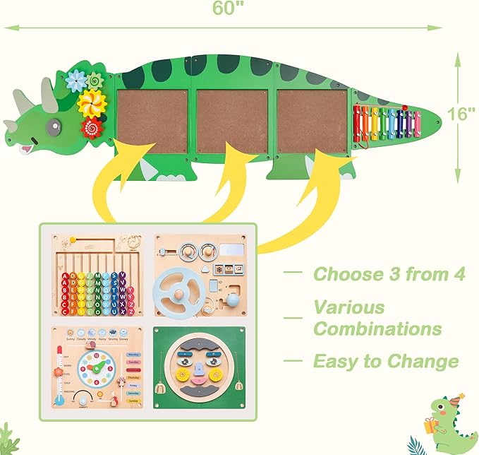 Montessori Busy Board Dinosaur Educational Toy, 4 Interchangeable Wooden Sensory Activity Board Wall Panel for Kids, Sensory Learning Toy for Boys and Girls Playroom, Toddler Room Decor