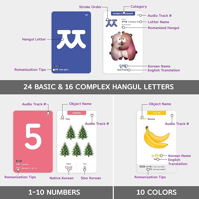 Korean Flashcards 2-Pack Beginner Gift Set - 40 Hangul, Numbers, Colors & Things Around The House Voc for Beginners with MP3 Audio