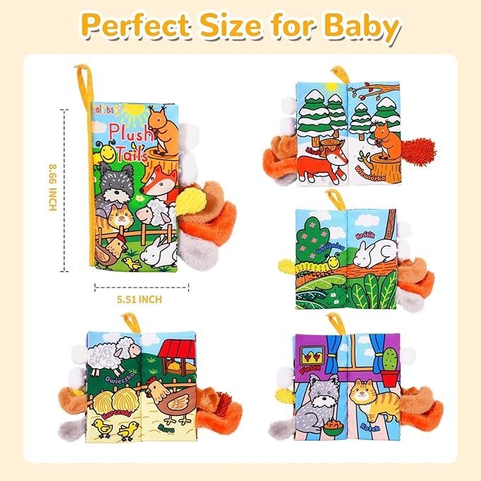 HECCEI Baby Cloth Books Soft Baby Book 0-6 Months Crinkle Books with Tail Touch and Feel Sensory Toys for Infant Tummy Time for 3 Months+, Plush Tails