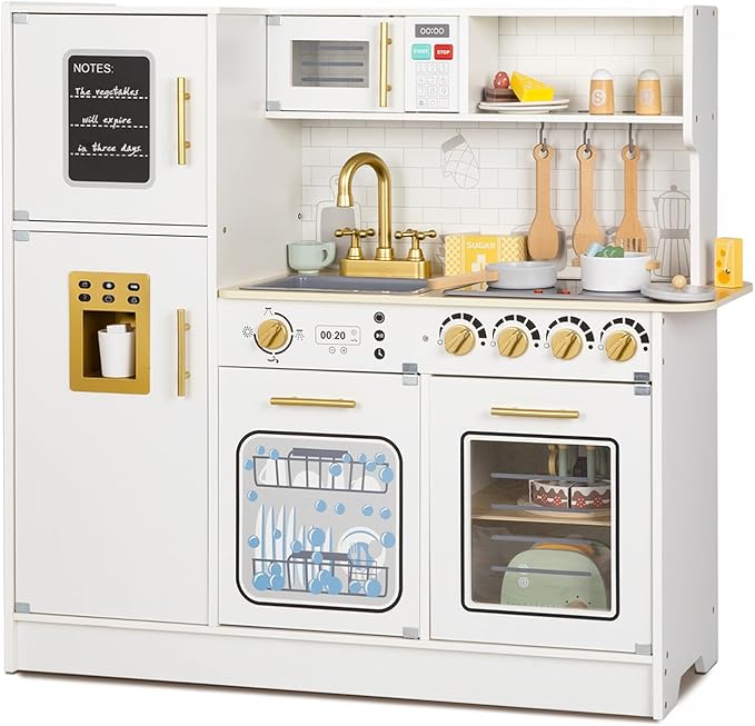 OOOK Wooden Kids Kitchen Playset, Simulated Kids Play Kitchen with Lights and Sounds, Nice Role Play Toy Kitchen with Plenty of Play Features for Kids Gift