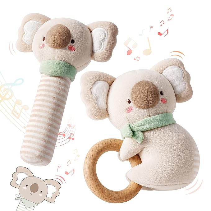 Evoceler 2 PCS Koala Rattles & Shaker Toys with Embroidered Details, Wooden Teething Ring Baby Toys, BPA-Free Sensory Toys for 0-3-6-12 Months, Squeaky Infant Toy, Ideal Baby Shower Boy Girl Gift
