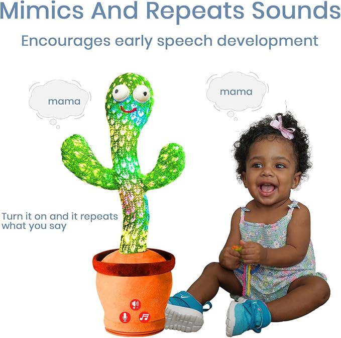 Rechargeable Dancing Talking Cactus Plush Toy for Kids - Volume Adjustable Mimicking and Singing Cactus with Music & Light - Funny Birthday Gifts for Years Old Boy Girl