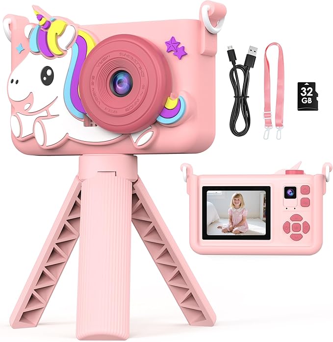 Kids Camera with Tripod & 32GB Card, 1080P HD Toddler Camera, PortableToy for Girls Boys Age 3-10, Christmas Birthday Gift, Christmas Stocking Stuffers, Pink