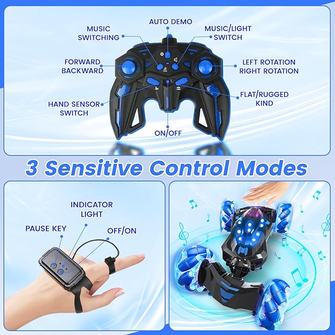 Gesture Sensing RC Stunt Car,4WD Drift Hand Controlled 360° Flips Trick Car with Lights & Music, Toys car is Cool Birthday Gift for Kids Ages 7-12