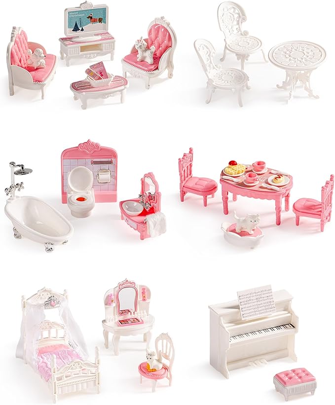 ROBUD Dollhouse Furniture, Pink Doll House Accessories and Furniture for Dining Room, Bathroom, Bedroomn,Living Room, Dollhouse Accessories Pretend Play Furniture Toys for Kids, WDHXX