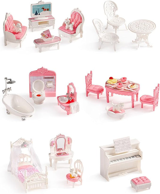 ROBUD Dollhouse Furniture, Pink Doll House Accessories and Furniture for Dining Room, Bathroom, Bedroomn,Living Room, Dollhouse Accessories Pretend Play Furniture Toys for Kids, WDHXX