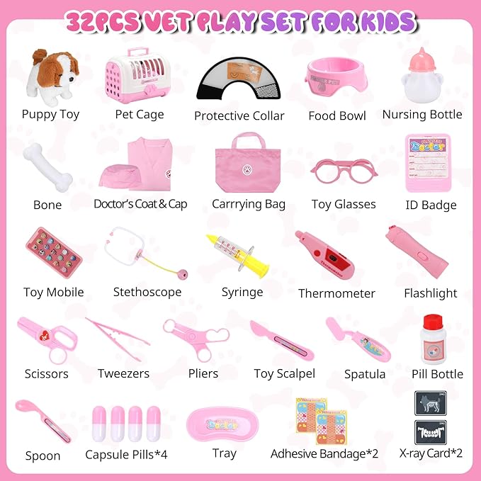 UBeesize Electronic Dog Toy Doctor Kit for Toddlers 3-5, Kids Doctor Play Set with Interactive Plush Dog, Medical Toy Kits and Costume, Pretend Vet Playset for 3 4 5 Year Old Girl Birthday Gifts Pink