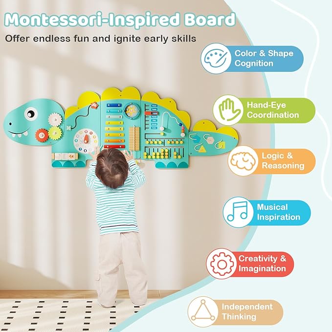 GLACER Dinosaur Wall Busy Board Panels, 11-in-1 Wooden Learning Activity Center for Early Education, Wall-Mounted Montessori Sensory Toddler Toys for Playroom, Daycare, Nursery (Green)