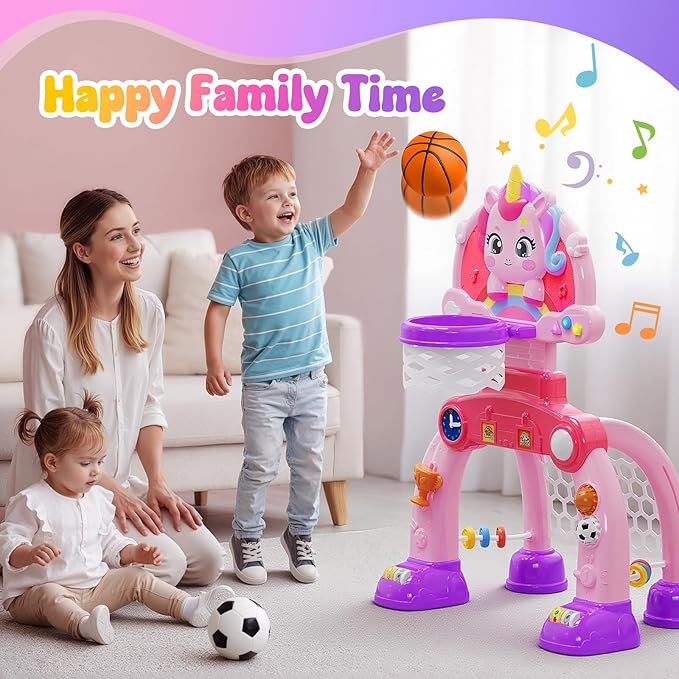 Toddler Basketball Hoop & Soccer Goal Activity Center, Unicorn Toddlers Musical Toys with Light Music, Baby Toddlers Christmas Birthday Present Gifts for 1 2 3 Year Old Girls