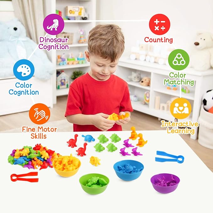 Skrtuan Counting Dinosaur Matching Toys with Sorting Bowls Montessori Preschool Educational Activities Learning Color Sorting Fine Motor Skills Sensory Toys Birthday Gift for 3 4 5 Year Old Boys Girls