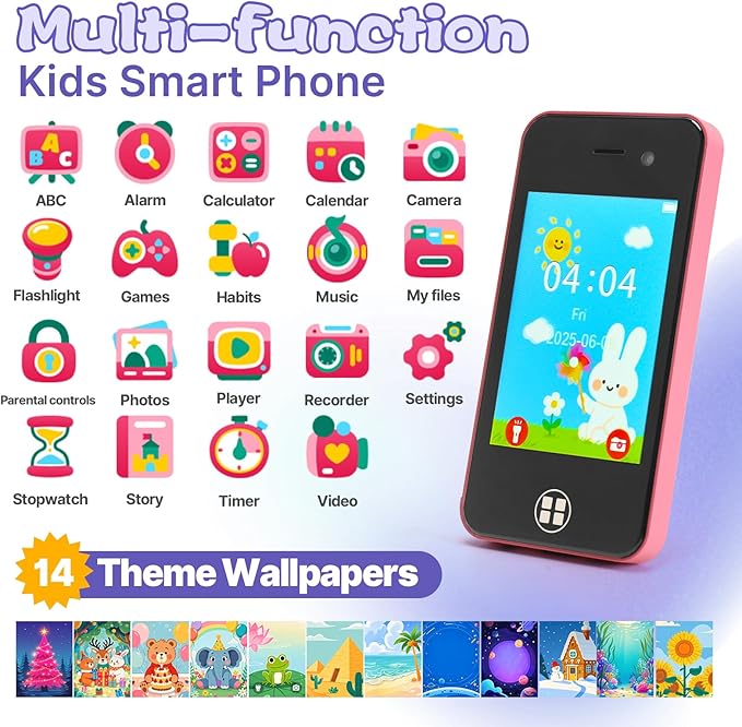 Kids Smart Phone, Christmas Birthday Gifts for Boys Girls Toddler Cell Phone Toys with Dual Camera Music Player Mini Educational Learning Games Fake Phone for 4-8 Year Old with 16G SD Card (Pink)
