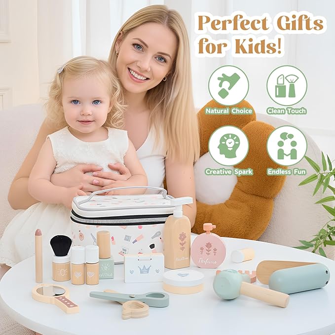 GAGAKU Wooden Makeup Toy Set for Toddlers 3-8, Pretend Play Makeup Kit with 16 Realistic Accessories Including Lipstick, Perfume & Mirror, Ideal Kids Dress-Up Gift for Girls Ages 3-5