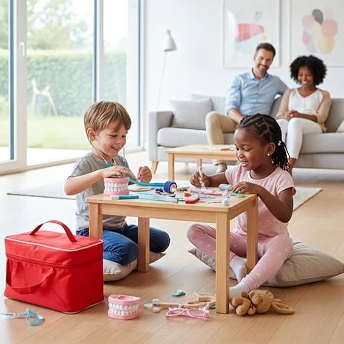 Wooden Doctor & Dentist Kit, Pretend Play Doctor Set, Wooden Doctors Playset with Medical Bag, Stethoscope, Syringe & Magnetic Thermometer, Educational Doctors Role-play Sets for Girls & Boys (styleA)