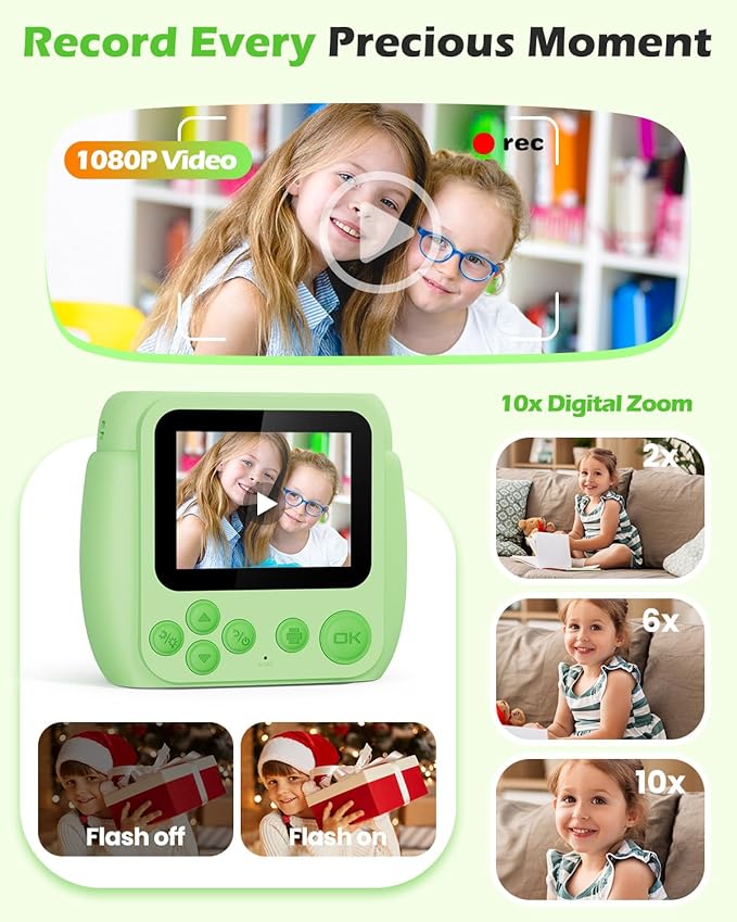 Kids Camera Instant Print - Christmas Birthday Gifts for Girls Boys Age 3-12, 1080P Video Digital Camera with 3 Rolls Printing Paper, Toddler Travel Toy Camera for 4 5 6 7 8 9 10 11 Year Old - Green