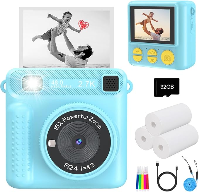 Instant Print Camera for Kids, Kids Cameras Ages 3-12, Digital Toy for Girls & Boys, Christmas and Birthday Gift, Portable HD Video Recorder with 32GB SD Card (Blue)