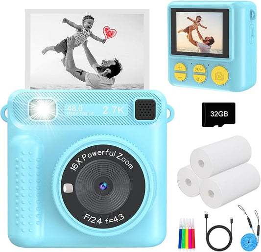 Instant Print Camera for Kids, Kids Cameras Ages 3-12, Digital Toy for Girls & Boys, Christmas and Birthday Gift, Portable HD Video Recorder with 32GB SD Card (Blue)