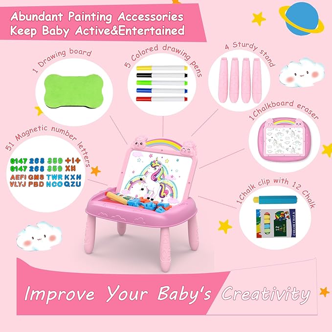 Unicorn Gift for 1-2 Years Old Girl, Girl Toys with Magnetic Letters and Numbers, Portable Doodle Board Easel, Learning and Educational Toy for 1-2 Years Old Girls (Pink)