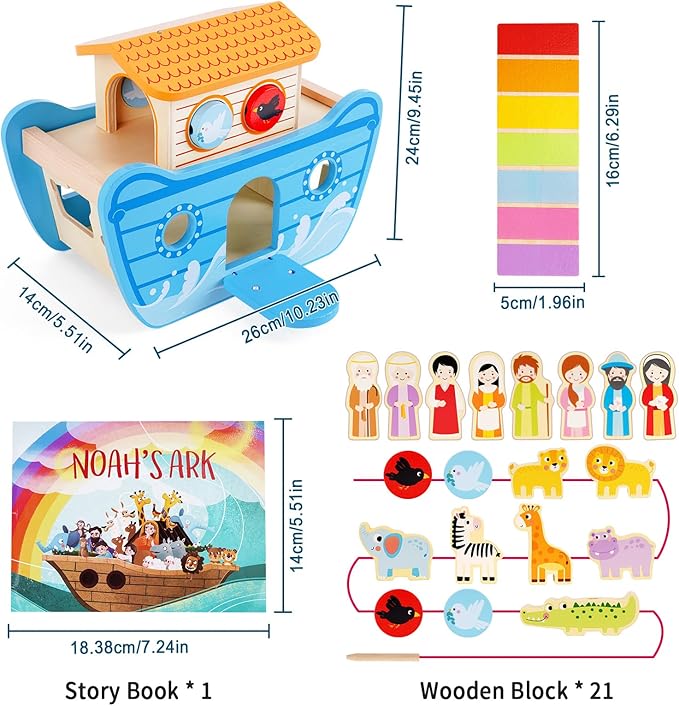 Wooden Noahs Ark Toy Animal Playset, Baptism Gifts for 2 3 4 Years Old Boys Girl, Lacing Beads, Shape Sorter, Montessori Noah's Ark Toys with Bible Story Book for 24 Months Kids