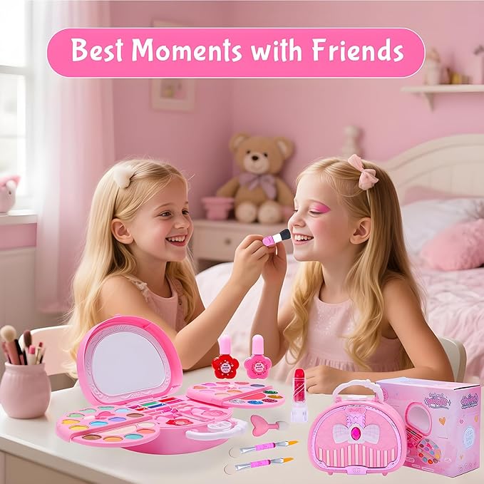 Kids Makeup Kit for Girl Real Washable Makeup Set with Mirror, Nail Polish Kit Pretend Beauty Gift for 3 4 5 6 7 8 Year Old Girls