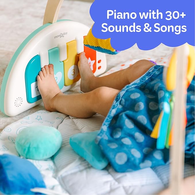 Move2Play, Montessori-Inspired Wooden Interactive Baby Play Gym | Kick & Play Piano | Thickly Padded Floor Play Mat | Tummy Time Must Have | Playmat for Newborns & Infants | Ages 0, 3, 6+ Months