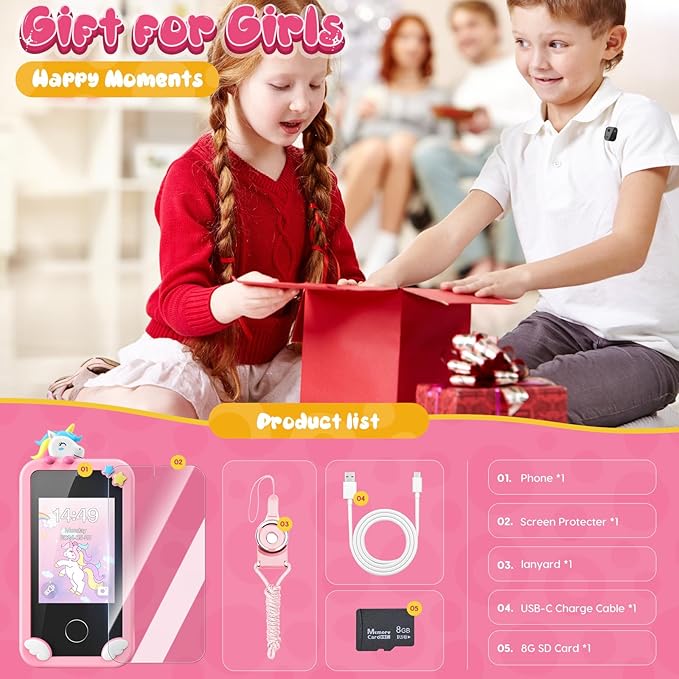 Luyiilo Kids Smart Phone Toys for Girls,Unicorn Gift Toys for Girls Ages 3-9 Christmas Birthday Gifts Mini Smart Phone Toys With 2.8" Touchscreen 16 Learning Games Dual Camera Music Player, 8G SD Card