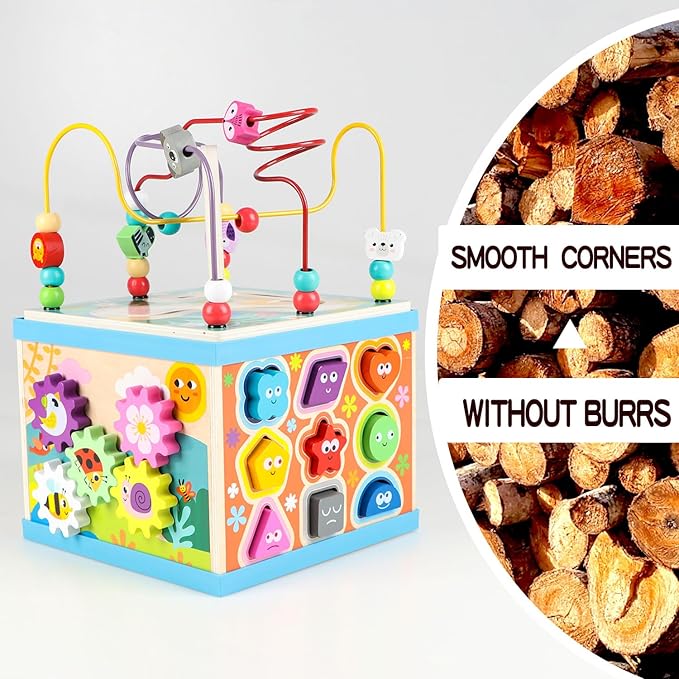 Qilay Wooden Activity Cube for Toddlers, 5 in 1 Multipurpose ABC-123 Abacus Early Educational Montessori Toys, Learning Toys for 3 Year Old | Bead Maze, Great for Boys Girls