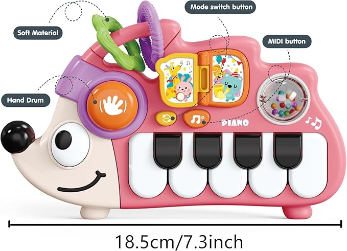 Baby Piano Drum 6-12 Months Toy, Hedgehog Piano Keyboard Drum Light Up Sound Musical Toy, Learning Educational Interactive Infant Toddler 12-24 Months Gift