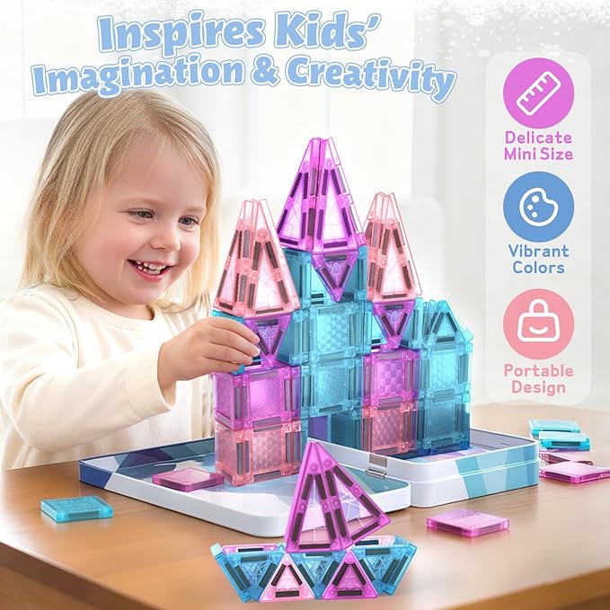Dreamon Mini Magnetic Tiles, 68PCS Travel Set with Storage Case, Ice Castle Building Blocks STEM Toys for Toddlers Ages 3-5, Educational Games Sensory Exploration Toys for Boys and Girls