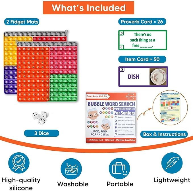 Dementia Word Search Activities for Seniors, Multi-Sensory Brain Training Games for Adults, w/Bubble Board + Word & Proverb Cards, Supporting Memory and Focus, Gifts for Elderly Women & Men