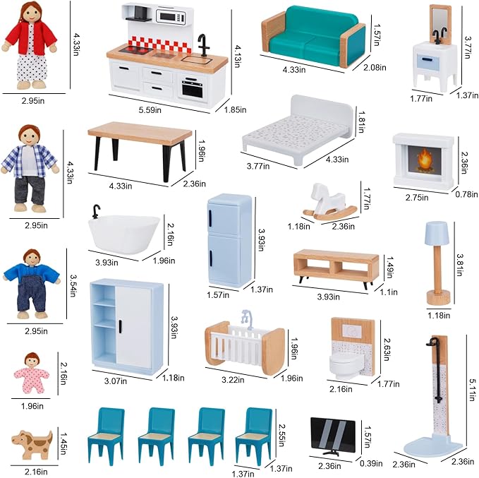 OOOK Wooden Dollhouse Furniture Set for Kids, 26 Pcs Dollhouse Accessories with 4 Family Dolls and Dog, Miniature Doll House Furniture Toys Pretend Play Set for G irls Boys Age 3+