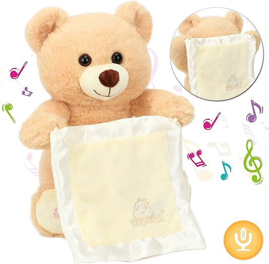 Hopearl Peek A Boo Bear with Security Blanket Interactive Repeats What You Say Plush Teddy Bear Toy Musical Singing Talking Stuffed Animal Adorable Electric Animate Birthday Festival, Beige, 11''