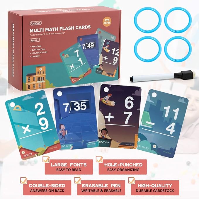 beiens Multi Math Flash Cards, 270 Addition, Subtraction, Multiplication, Division Cards, All Facts 0-12 with 1 Erase Pen 4 Rings, Math Games Set for Kids Age 6+ 3rd 4th 5th 6th Grade