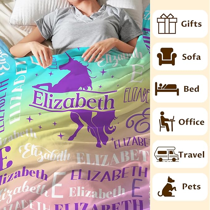 Kids Blanket for Girls 3-5, Custom Unicorn Gifts for Adults Teens Women, Personalized with Name Soft Warm Comfy Lightweight Monogram Unicorn Accessories Blankets for Travel Camp Home Living Room
