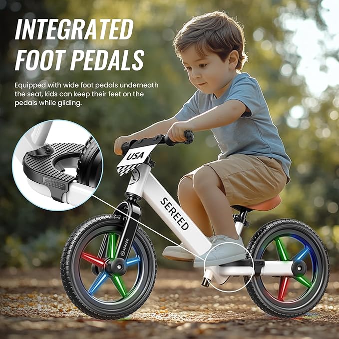 SEREED Toddler Balance Bike 2 Year Old, No Pedal Kids Bicycle Toys for 2-5 Years Old, Tool-Free Adjustment, Customize Plate with Stickers, Gift for 2-3 Boys Girls (White Lighting)