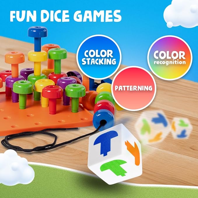 Skoolzy Peg Board Set - Montessori Toys for 2 Year Old - 33 Pc Plastic Peg Board for Kids - Occupational Therapy Toys with Pegs, Dice, Lacing String & Storage Bag